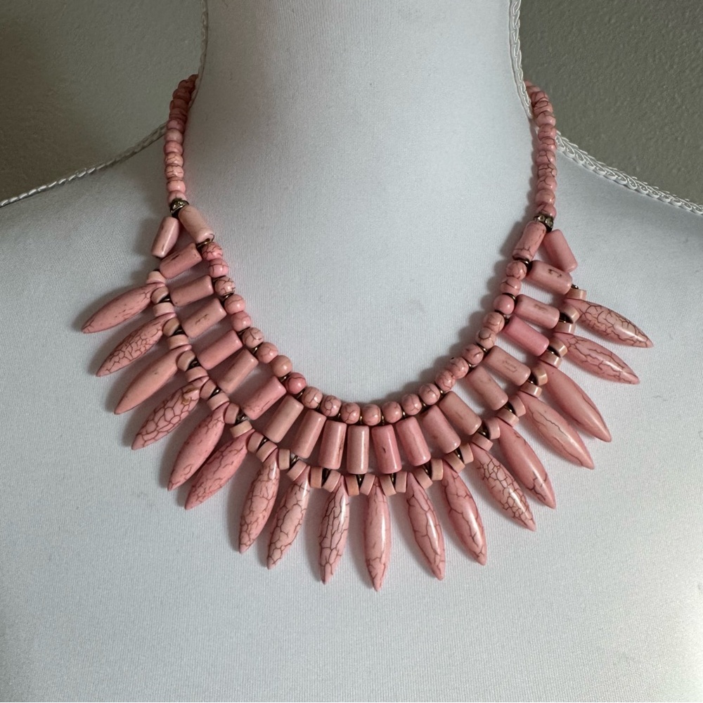Pink Marbled‎ Stone Statement Fringe Necklace - Boho Chic